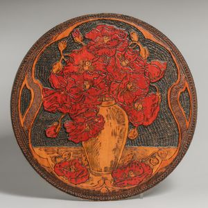 Flemish Art Co - New York Pyrography Carved & Painted Roses Plaque c1900s
