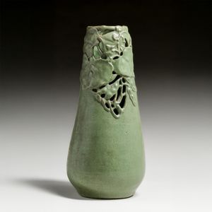 Japanese Arts & Crafts Meiji Period Matte Green Cutout Vase c1910