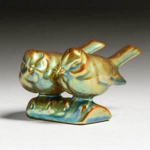 Zsolnay - Hungary Iridescent Green Love Birds c1910